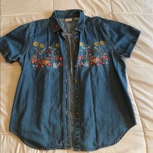 Embroidered Short Sleeve Button Down Jean Shirt